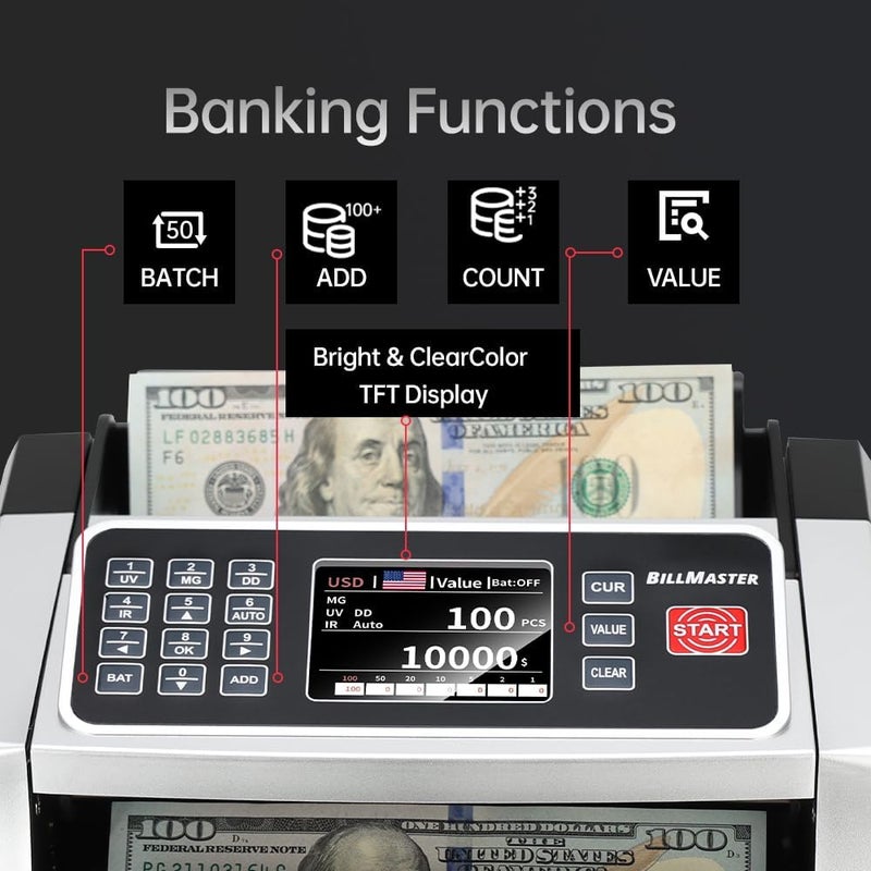 BillMaster BM6520 Money Counter Machine – Value Counting Cash Counter for USD EUR CAD MXN – Fake Bill Detector with Batch & Add – Large TFT Color Screen Bill Counter - US Service Team - Image 3